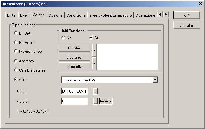 Manuale di riferimento GTWIN 5.11 Oggetti personalizzati Scheda Azione Descrizione Opzioni Mostra/Nascondi Condizione Invers.