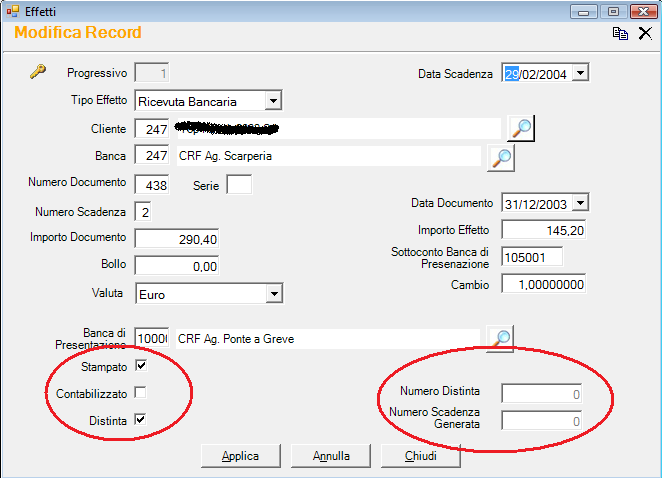 La maggior parte dei dati sono intuitivi, fate attenzione eventualmente allo stato dell effetto (stampato, contabilizzato, In distinta), al numero della distinta di appartenenza e al numero di