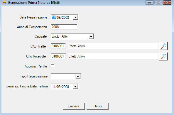 Generazione Prima Nota Effetti Come per le fatture anche per gli effetti (RIBA) emessi è prevista la contabilizzazione automatica.