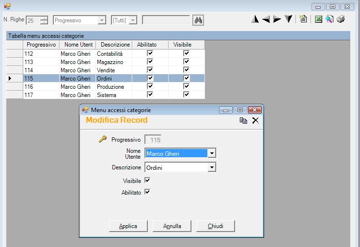 Accessi Categorie Questo programma permette di cambiare, per ogni utente, la dicitura delle categorie di menu, la visibilità e se la categoria è abilitata o disabilitata.