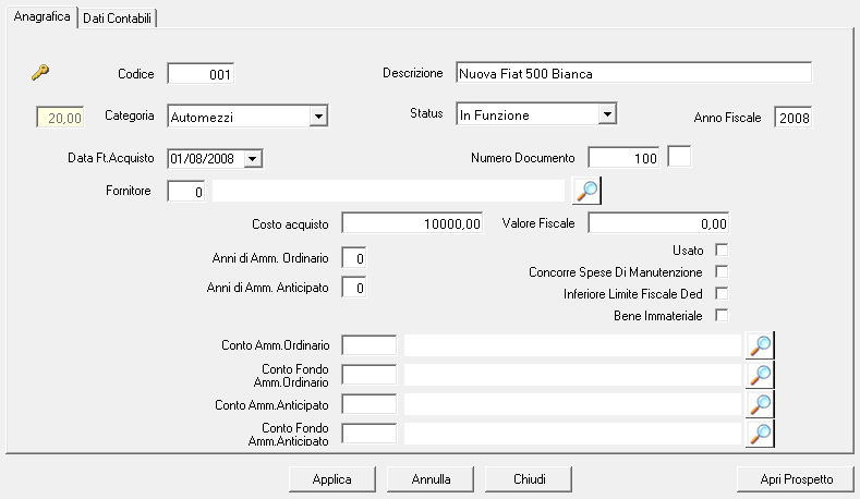Per ogni bene inserito le prime due cose essenziali da inserire sono: la Categoria merceologica a cui appartiene, precodificata nelle tabelle di contabilità alla voce Aliquote Ammortamenti e lo stato
