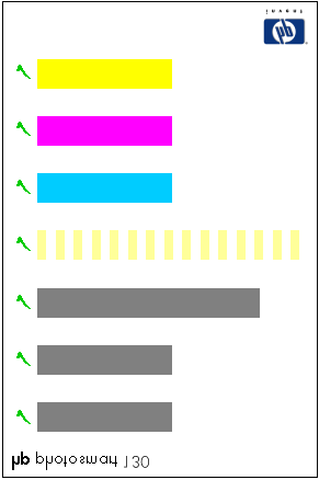Barre grigie Vengono stampate durante la calibrazione della cartuccia. Barre gialle Terminano la calibrazione. Barre blu, magenta e gialle Devono essere uniformi e del colore giusto.
