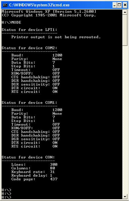 72 Trasferimento di file DOS Sessione DOS di Windows XP - I risultati del comando MODE