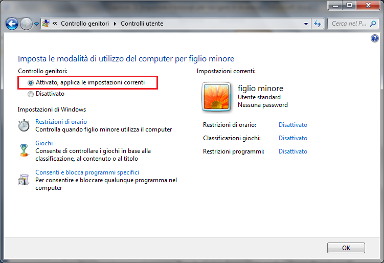 Nella finestra Controllo genitori, fare