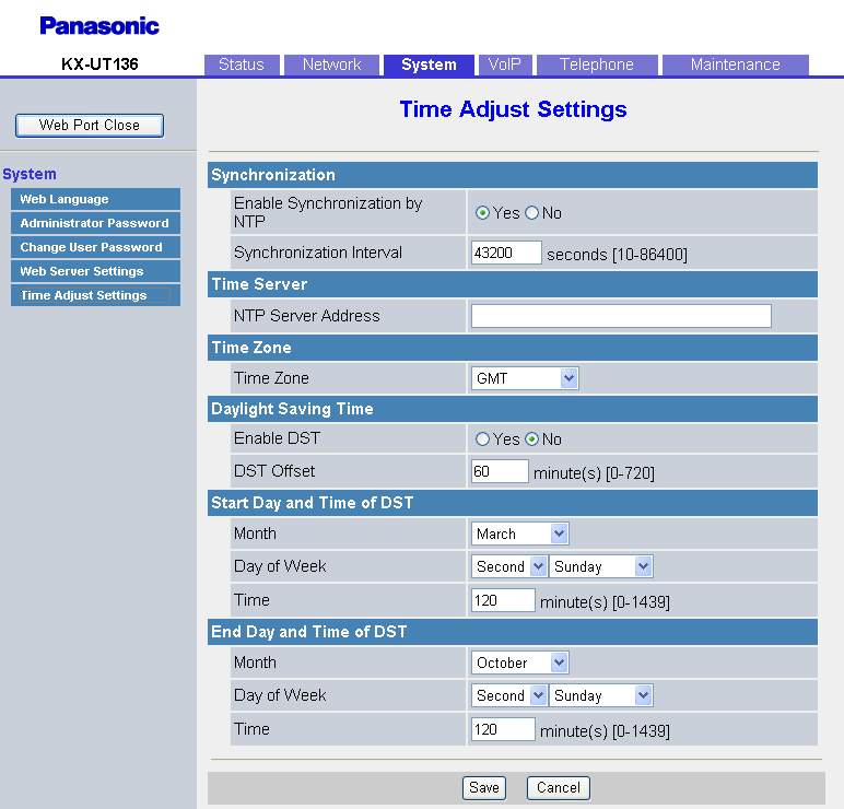 4.4.5 Time Adjust Settings Port Close Timer 1 1440 30 Specifica il periodo di tempo, in minuti, per cui mantenere aperta la porta Web quando non vi è comunicazione tra l unità e il PC.