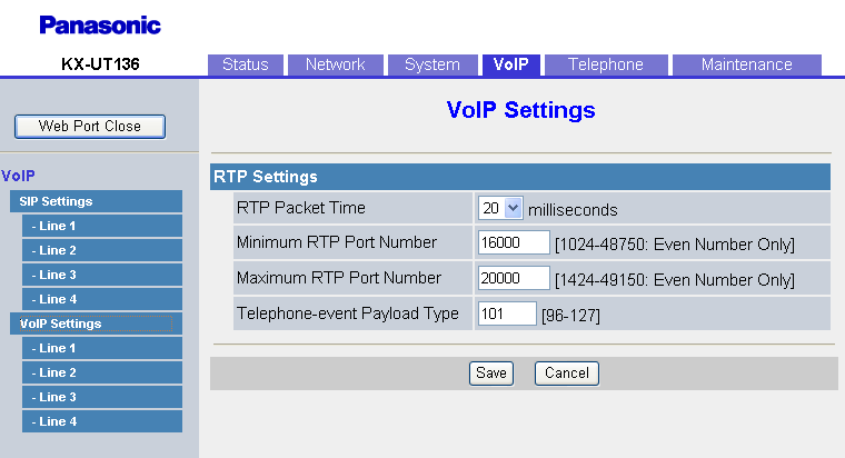 4.5.3 VoIP Settings 4.5.3 VoIP Settings Questa schermata consente di modificare le impostazioni VoIP comuni a tutte le linee. 4.5.3.1 RTP Settings RTP Packet Time 20 30 40 20 Seleziona l intervallo, in millisecondi, tra le trasmissioni di pacchetti RTP.