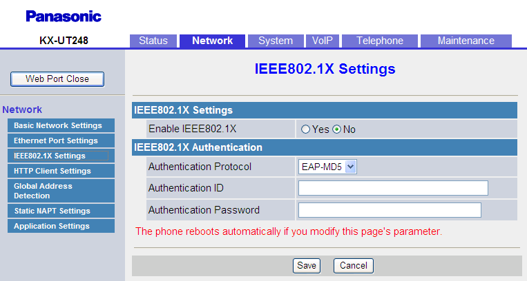 4.3.3 IEEE802.1X Settings (solo modello KX-UT248) 0 VLAN_PRI_PC (Pag. 203) 4.3.3 IEEE802.1X Settings (solo modello KX-UT248) Questa schermata consente di configurare le impostazioni relative al protocollo di rete IEEE 802.