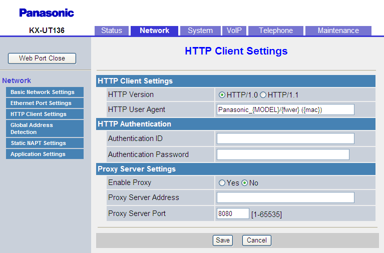 4.3.4 HTTP Client Settings 4.3.4 HTTP Client Settings Questa schermata consente di modificare le impostazioni client HTTP per l unità al fine di accedere al server HTTP del sistema telefonico e