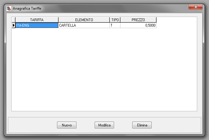 3.4 Elementi Tariffe E possibile gestire gli elementi ai quali verranno applicate le tariffe mediante un pannello di controllo nel quale sono permesse le seguenti operazioni: Inserimento: mediante il