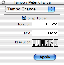 Impostazione di un tempo metrico È possibile impostare il tempo metrico per la sessione tramite gli eventi tempo metrico o tramite i controlli MIDI del tempo metrico nella finestra Transport espansa.