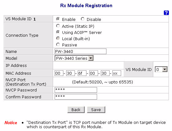 FW5450 - MANUALE TECNICO L indirizzo MAC del modulo VS (VS Module ID) deve essere inserito per l autenticazione dell accesso del server FW5450.