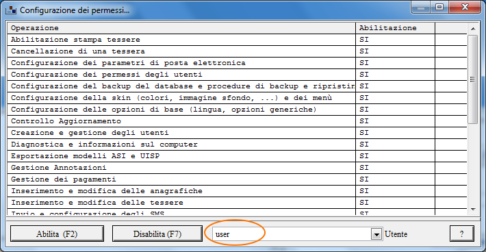 La scheda di configurazione dei permessi può essere eseguita con la seguente funzionalità del menù principale: L utilizzo della scheda è molto semplice: dopo aver selezionato, nella