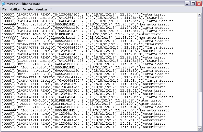 contengono rispettivamente il database utenti in formato testo e l archivio completo dei movimenti effettuati e registrati dal sistema.