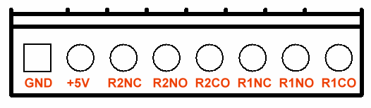 Connettore Relay (vista frontale) COLLEGAMENTO RELAY: NOTE IMPORTANTI: I Relays interni del RIC-200 sopportano fino a 125V con una corrente massima di 1 Ah, pertanto sono idonei a chiudere contatti a