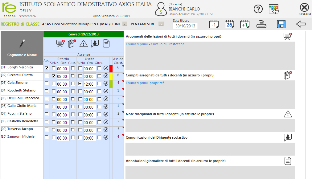 Visualizzazione Giornaliera Nel registro di classe il Docente può inserire assenze, note disciplinari, argomenti delle lezioni, compiti assegnati ed annotazioni varie per ogni singolo alunno o per l