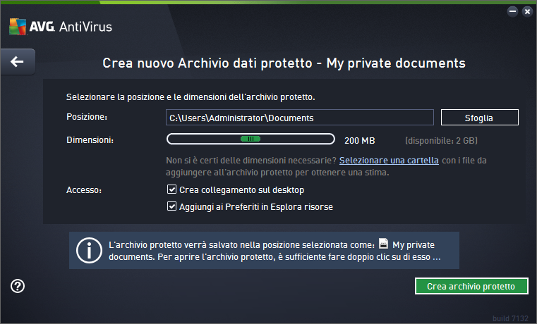 Creare la password / Ridigitare la password: creare una password per l'archivio dati protetto e digitarla nei rispettivi campi di testo.