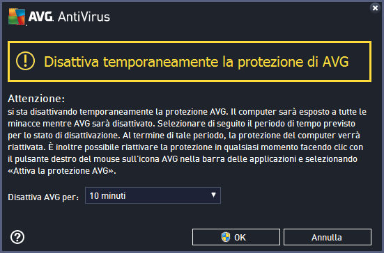 Come disattivare la protezione AVG Selezionare la casella di controllo Disattiva temporaneamente la protezione di AVG e confermare la scelta facendo clic sul pulsante Applica.