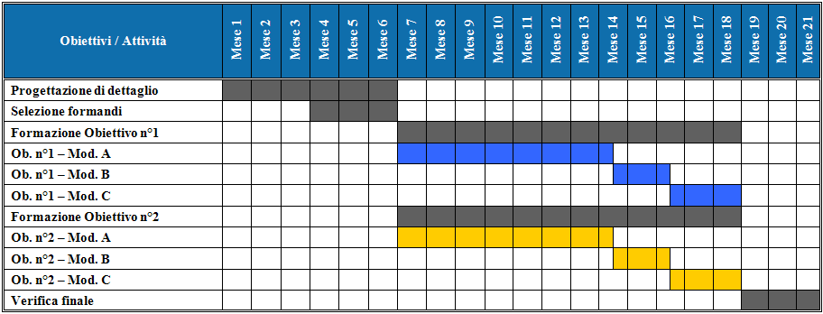 Durata e Gantt Il progetto di formazione si prevede articolato su una durata complessiva di 21 mesi, inclusi i 6 mesi iniziali per la progettazione di dettaglio dei corsi e la selezione dei