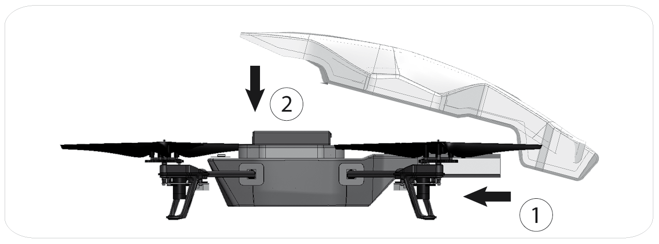 Utilizzo all'l'esterno Installare la carenatura senza le protezioni anulari. Posare l'ar.drone 2.0 su una superficie piana e asciutta in una zona senza ostacoli.