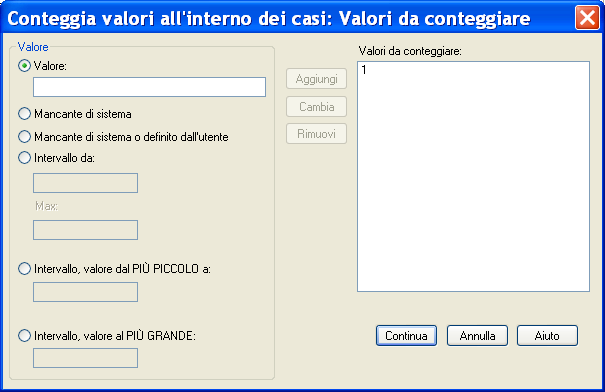 L istruzione count/menu 1. Dare un nome e una etichetta alla nuova variabile 2. Selezionare le variabili, all interno delle quali SPSS dovrà conteggiare il valore scelto 3.