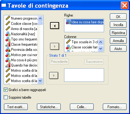 Tavole di contingenza/menu SPSS Analyze Descriptive Statistics Crosstabs Tavole di contingenza Selezionare la variabile dipendente Selezionare la o le variabili indipendente (SPSS produrrà una