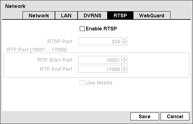 Manuale Utente Figura 21 Schermata di impostazione RTSP. Evidenziare Abilita RTSP (Real-Time Streaming Protocol) e premere il pulsante per selezionare o deselezionare questa opzione.