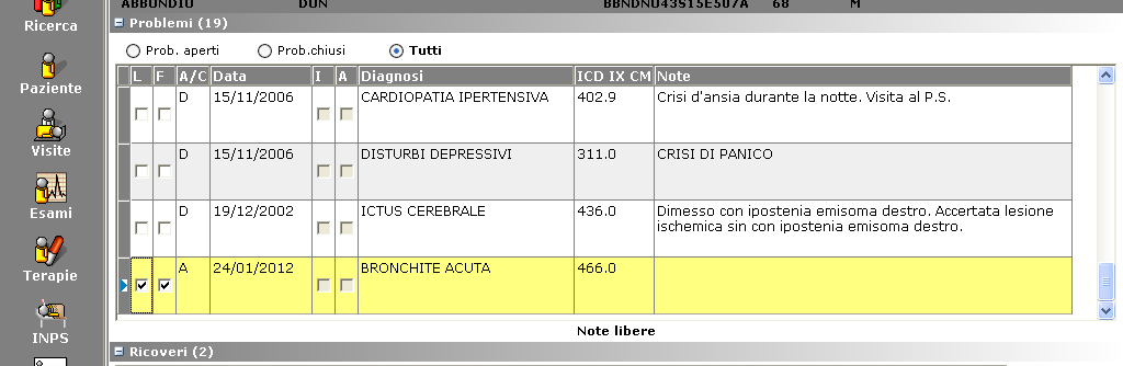 Per inserire un nuovo problema cliccare all interno dei problemi e cliccare il bottone Compare la finestra Ricerca Diagnosi.