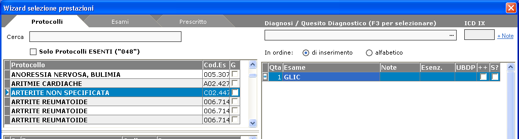 In Esami cliccare il bottone Nuovo Selezionare dal campo Motivo della richiesta la diagnosi relativa alla Gravidanza (è stata inserita automaticamente).