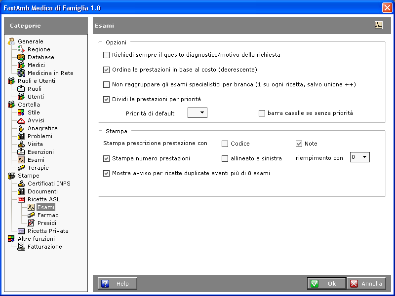 Stampe Esami: Andare in Strumenti > Opzioni > Stampe > Ricetta ASL > Esami. Da questa schermata impostare le opzioni relative alla stampa delle ricette Esami.