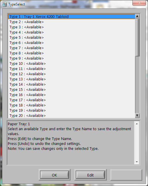 Registrazione allineamento automatica 26. Dalla finestra TypeSelect (Selezione tipo), effettuare le seguenti operazioni: a. Ci sono 20 tipi disponibili per l uso con tutti i vassoi carta.