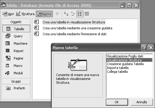 Tabella 3.5 Creare e salvare una tabella in visualizzazione struttura, specificare i campi con i relativi tipi di dati e riconoscere i formati disponibili.