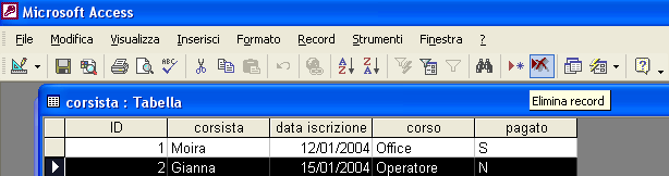 Figura 198-5 Eliminare record in una tabella. Il record è un dato nella sua interezza e non è possibile eliminare un campo pensando di avere cancellato un record.