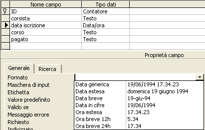 Al campo data e ora sono attribuibili alcuni formati predefiniti, elencati nella tabella 7-5,.