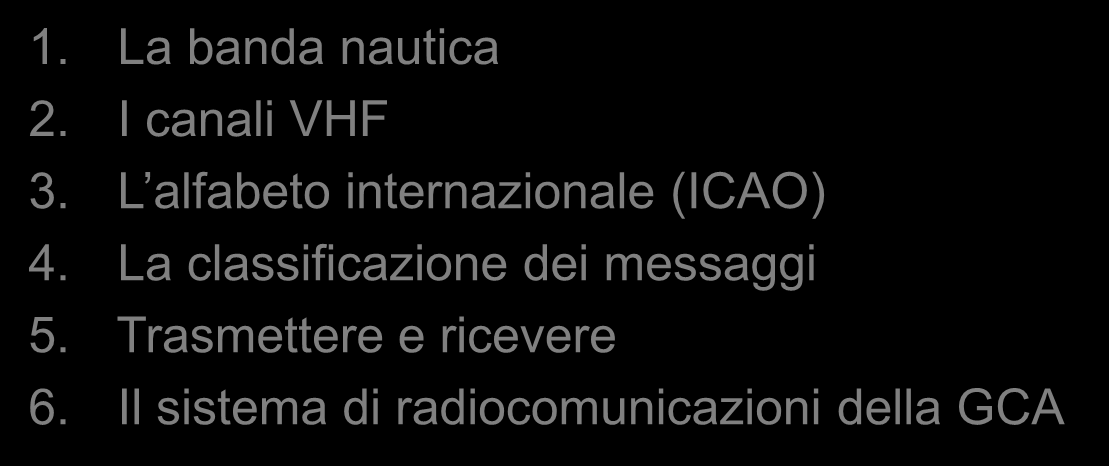 argomenti: 1. La banda nautica 2. I canali VHF 3. L alfabeto internazionale (ICAO) 4.
