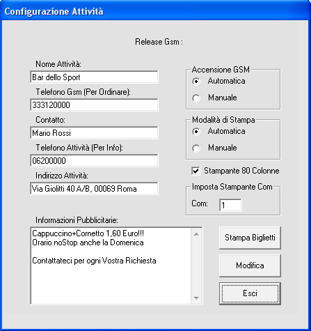 CONFIGURAZIONE ATTIVITA' E STAMPA Un'altra configurazione importante del software è quella riguardante i dati dell attività.