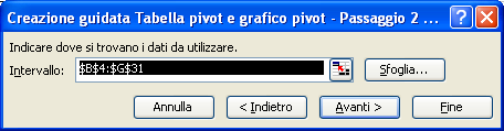 Il passaggio da 1 a 3 della creazione guidata Tabelle Pivot e Grafici Pivot permette di scegliere tra diverse opzioni riguardanti i dati di origine, come pure riassumere i dati in forma di tabella o