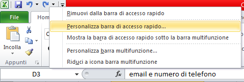 3.4. Celle Annulla, Ripristina e Ripeti Usare i comandi «Annulla», «Ripristina» e «Ripeti» 2 1 1. Con il tasto destro del mouse facciamo clic sulla barra multifunzione. 2. Selezioniamo la voce «Personalizza barra di accesso rapido» 3.