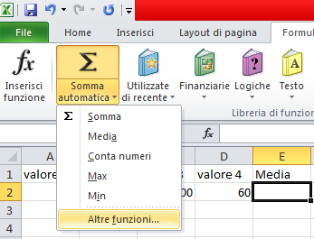 4.2 Funzioni e formule Funzioni Inserire una funzione (Media, Conta numeri, Max e Min) 2 1 1. Calcoliamo la Media tra una serie di valori utilizzando l opzione Altre funzioni 2.