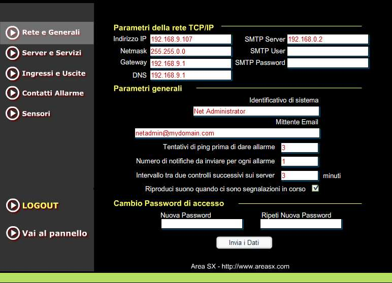 Rete e Generali Da questa schermata è pssibile cnfigurare i parametri di rete del dispsitiv ed alcuni parametri di carattere generale: Indirizz IP, Netmask, DNS, Gateway Sn i parametri di rete del