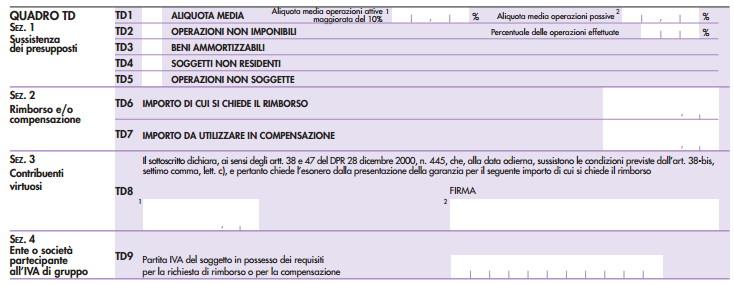 Quadro TD Nell ultimo Quadro TD deve essere indicata la sussistenza dei presupposti che consente l accesso alla richiesta di rimborso o compensazione, insieme all importo dell eccedenza.