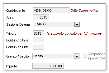 Il campo viene abilitato per la liquidazione dell ultimo periodo e riporta automaticamente l importo del versamento effettuato in acconto tramite delega, utilizzando i tributi 6013 per attività in