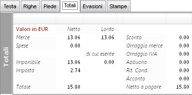 Nella pagina Totali, come accade per i documenti normali, vengono scomposti gli importi in imponibile e imposta: 9.1.