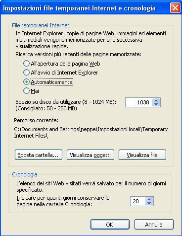 Se si seleziona il pulsante Impostazioni comparirà la finestra a destra in cui è possibile, per esempio, impostare per quanti giorni conservare le pagine