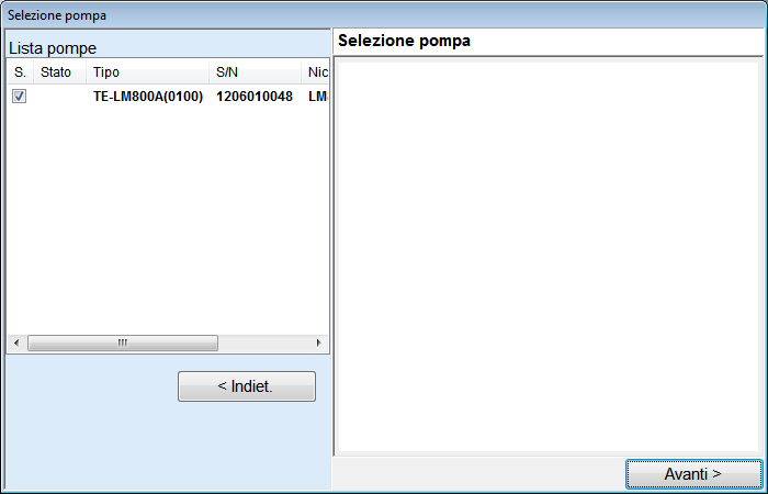 Per cambiare le impostazioni, fare clic su [N. comunic. pompa] per le pompe e su [N. comunic. rack] per i rack. Verrà quindi visualizzata la schermata "Selezione pompa" o "Selezione rack".