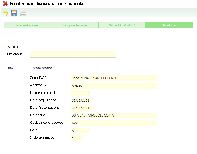 Al salvataggio della schermata verranno compilati i campi riepilogativi della pratica e verrà abilitata la stampa tramite l