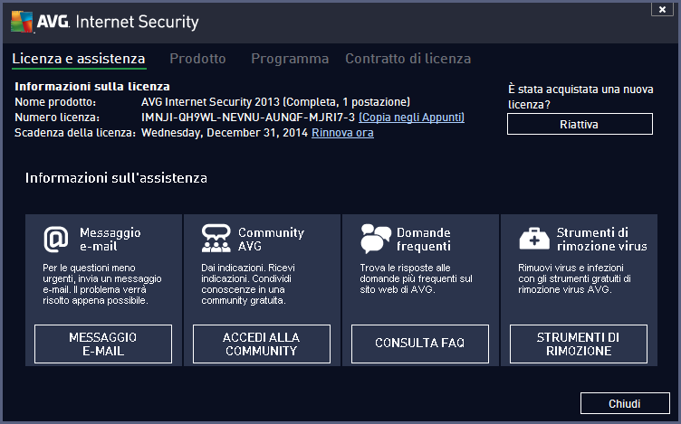 15. Domande frequenti e assistenza tecnica Se si verificano problemi di tipo commerciale o tecnico con l'applicazione AVG Internet Security 2013, sono disponibili diversi modi per richiedere