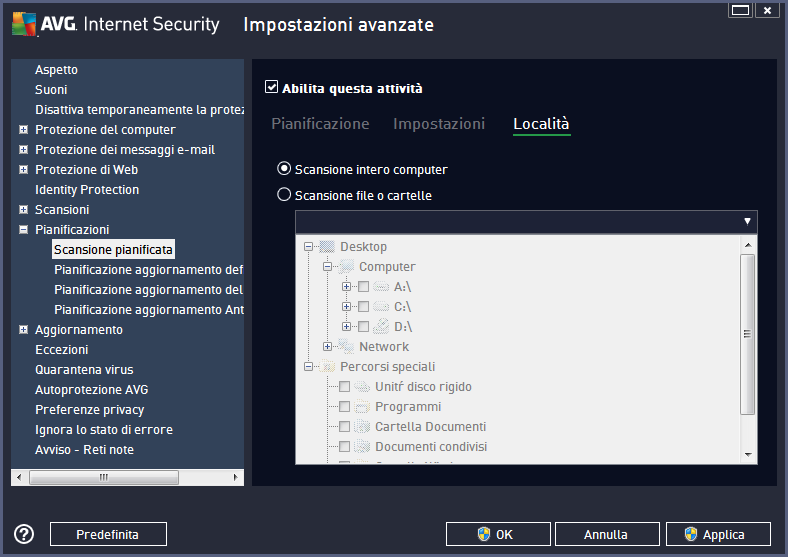 Nella scheda Posizione è possibile definire se si desidera pianificare la scansione dell'intero computer o la scansione di file o cartelle.