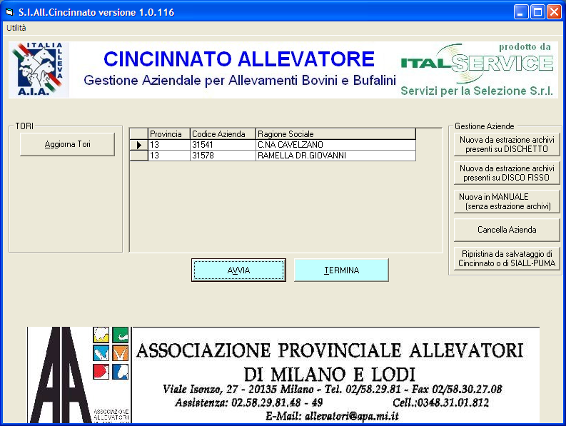 4. MENU PRINCIPALE Cincinnato è predisposto per l utilizzo multi aziendale o multi razza: è infatti possibile gestire più aziende selezionando all avvio quella su cui si desidera lavorare.