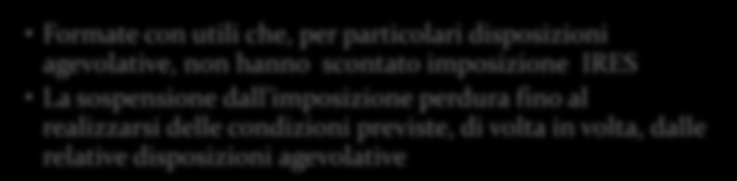 La classificazione fiscale delle riserve Riserve di capitale Formate con apporti o provviste che non hanno prodotto imponibile IRES Se distribuite non generano reddito in capo ai soci Riserve di