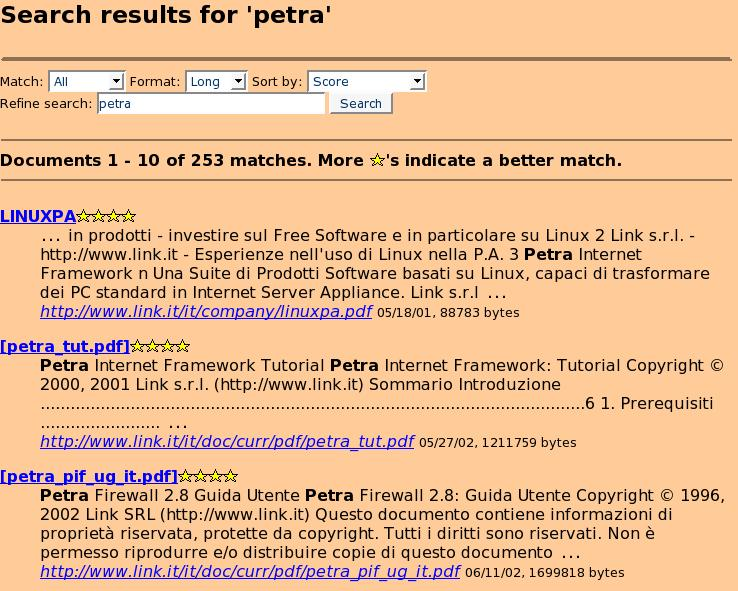 Capitolo 6. Il Portale La ricerca viene effettuata fra i siti inseriti tramite interfaccia di amministrazione (pannello Servizi > Web > Motore di ricerca > Gestione Url, vedi la Sezione 3.3). 6.7.